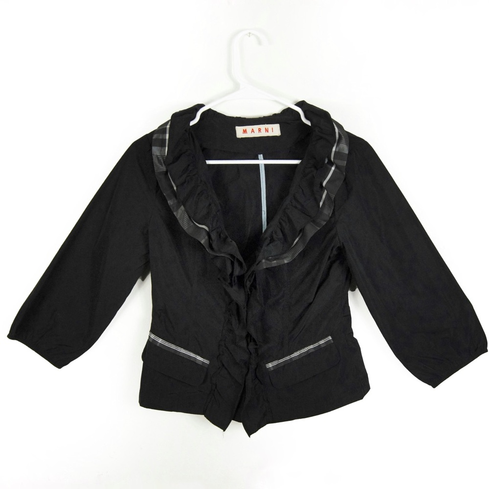 Marni Black Grey Plaid Detail Ruffle Collar Blazer Jacket